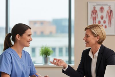 an illustration of two women in the healthcare talking