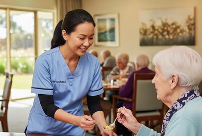 a smiling aged care professional wearing scrubs in an aged care facility serving a resident her lunch a smiling aged care professional wearing scrubs in an aged care facility serving a resident her lunch