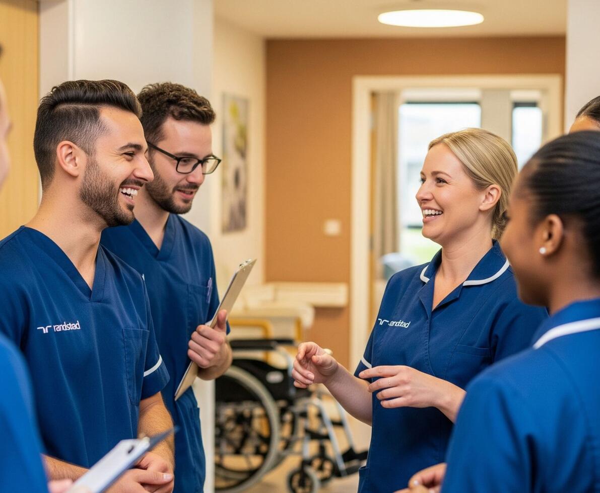 group of nurses having a conversation together in an aged care facility group of nurses having a conversation together in an aged care facility